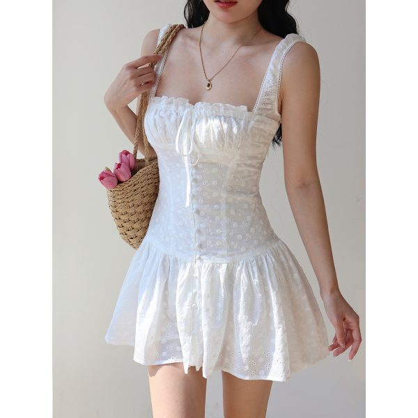 French Square Neck White Hollow Embroidery Dress with Wide Shoulder Straps and Drawstring - Short Vacation Dress for Summer Style