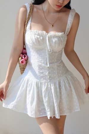French Square Neck White Hollow Embroidery Dress with Wide Shoulder Straps and Drawstring - Short Vacation Dress for Summer Style
