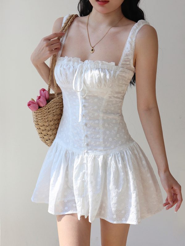 French Square Neck White Hollow Embroidery Dress with Wide Shoulder Straps and Drawstring - Short Vacation Dress for Summer Style