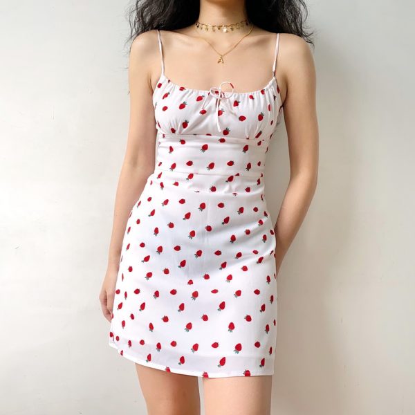 French Strawberry Print Front Tie Double Layer A-Line Camisole Dress â€“ Sexy DIY Summer Fashion for a Chic Look