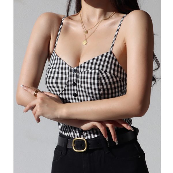 French Style Black and White Check V-Neck Ruffled Strap Tank Top for Women, Vintage Slim Fit Back Tie Blouse, Y2K Fashion