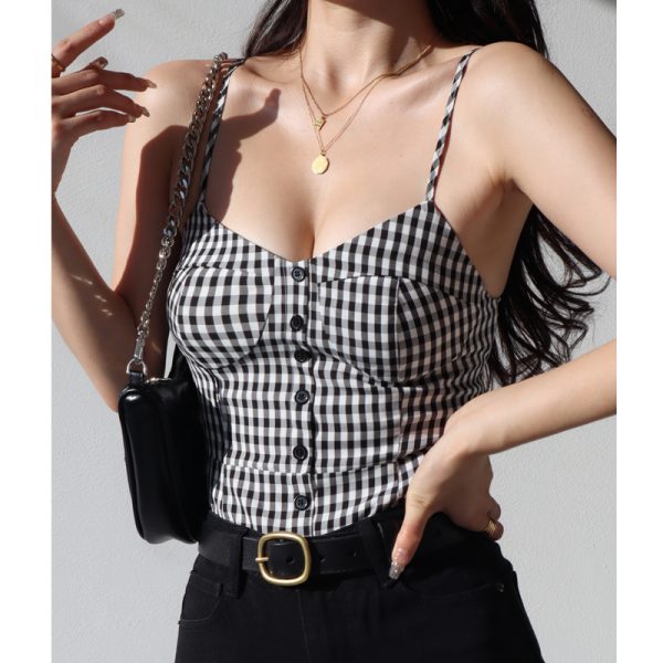 French Style Black and White Check V-Neck Ruffled Strap Tank Top for Women, Vintage Slim Fit Back Tie Blouse, Y2K Fashion