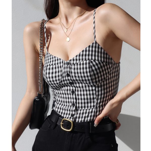 French Style Black and White Check V-Neck Ruffled Strap Tank Top for Women, Vintage Slim Fit Back Tie Blouse, Y2K Fashion