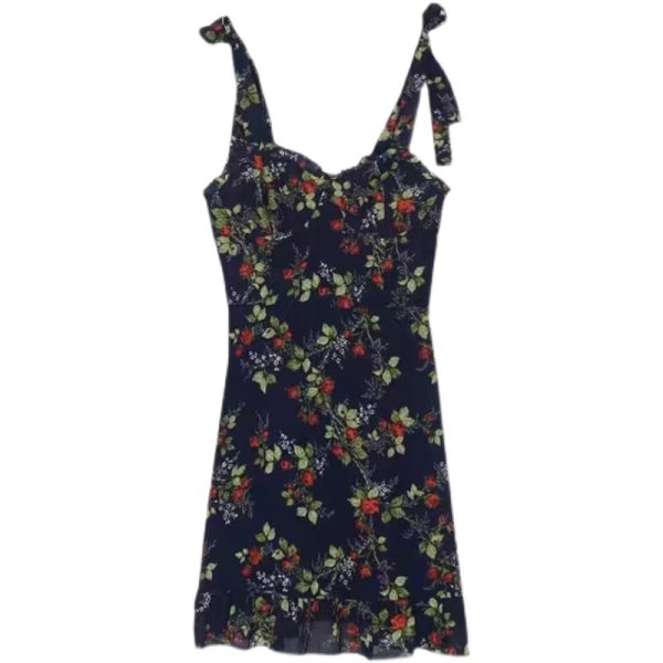 French-Style Black Floral Spaghetti Strap Dress with Vintage Lace-Up, High-Waisted A-Line Design for Women â€“ Chic Summer Fashion