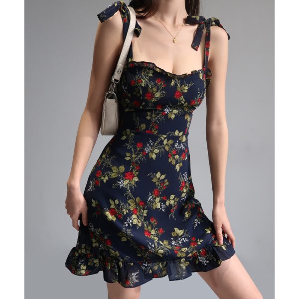 French-Style Black Floral Spaghetti Strap Dress with Vintage Lace-Up, High-Waisted A-Line Design for Women â€“ Chic Summer Fashion