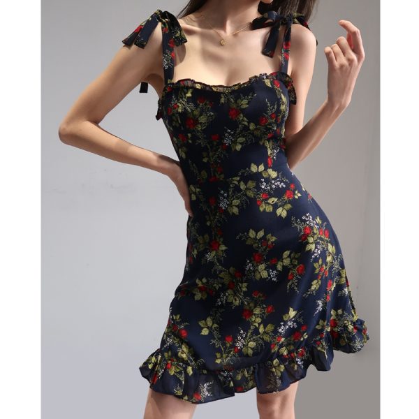 French-Style Black Floral Spaghetti Strap Dress with Vintage Lace-Up, High-Waisted A-Line Design for Women â€“ Chic Summer Fashion