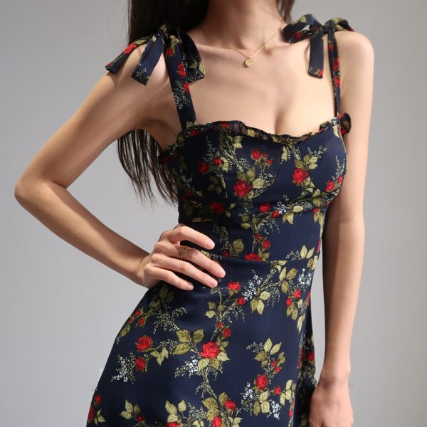 French-Style Black Floral Spaghetti Strap Dress with Vintage Lace-Up, High-Waisted A-Line Design for Women â€“ Chic Summer Fashion