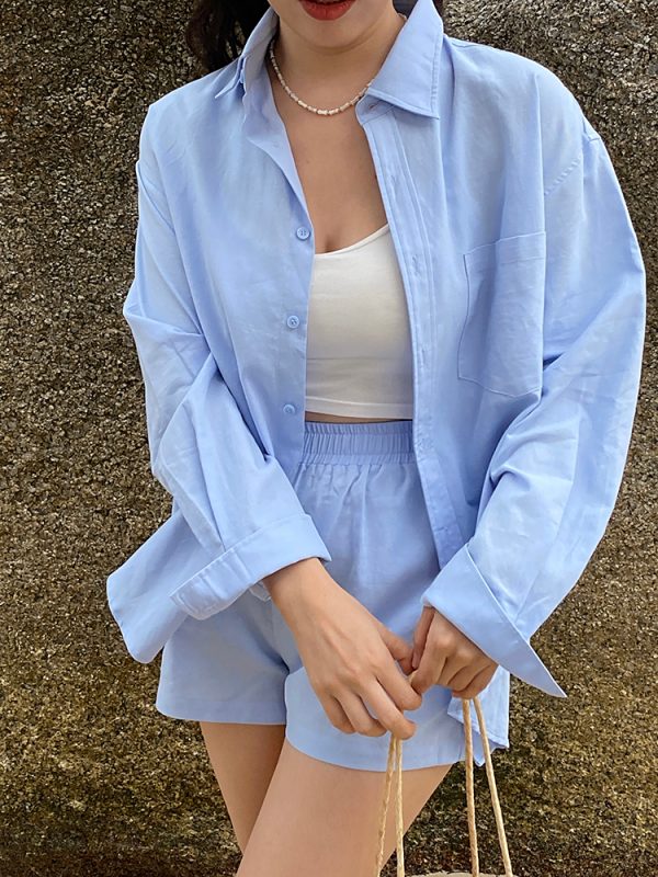 French Style Blue Cotton Shirt Set for Women - Loose Sun Protection Cardigan & A-Line High-Waisted Shorts, Perfect for Summer Outings