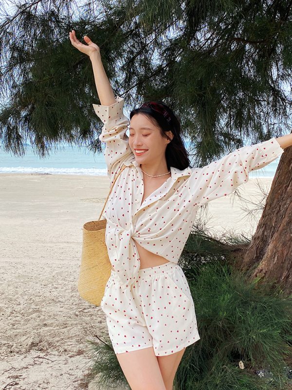 French Style Blue Cotton Shirt Set for Women - Loose Sun Protection Cardigan & A-Line High-Waisted Shorts, Perfect for Summer Outings