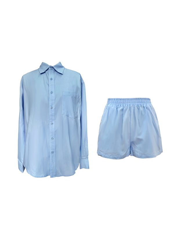French Style Blue Cotton Shirt Set for Women - Loose Sun Protection Cardigan & A-Line High-Waisted Shorts, Perfect for Summer Outings