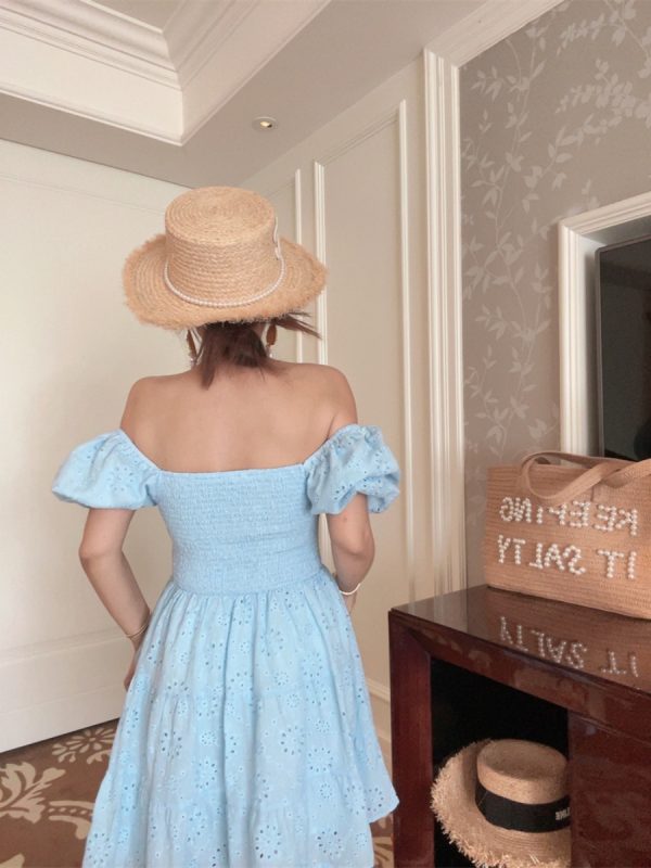 French-Style Elastic Gathered Lantern Sleeve Square Neck Embroidered Cotton Blue Vacation Dress - Spring/Summer 2025 Fashion