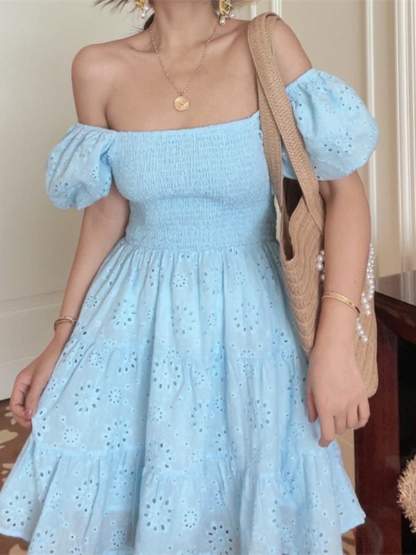 French-Style Elastic Gathered Lantern Sleeve Square Neck Embroidered Cotton Blue Vacation Dress - Spring/Summer 2025 Fashion