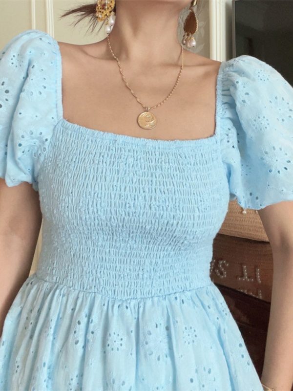 French-Style Elastic Gathered Lantern Sleeve Square Neck Embroidered Cotton Blue Vacation Dress - Spring/Summer 2025 Fashion