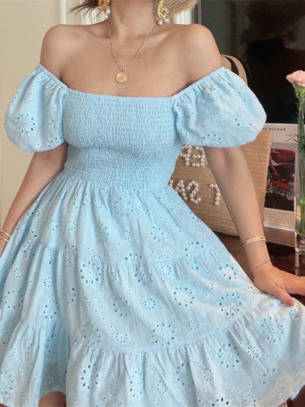 French-Style Elastic Gathered Lantern Sleeve Square Neck Embroidered Cotton Blue Vacation Dress - Spring/Summer 2025 Fashion