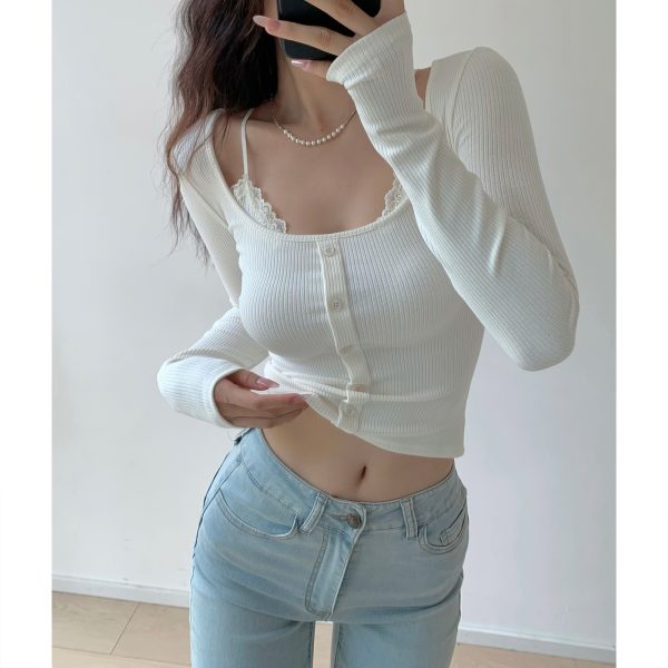 French Style Faux Two-Piece Vintage Lace Trim Long Sleeve Slim Fit Round Neck T-Shirt Top for Women