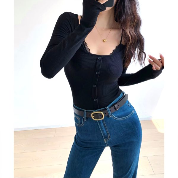 French Style Faux Two-Piece Vintage Lace Trim Long Sleeve Slim Fit Round Neck T-Shirt Top for Women