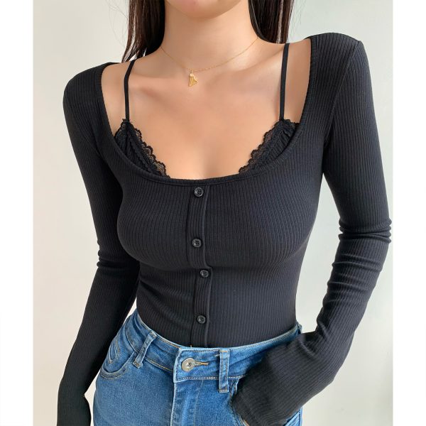 French Style Faux Two-Piece Vintage Lace Trim Long Sleeve Slim Fit Round Neck T-Shirt Top for Women