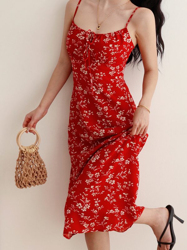 French Style Floral Tie Strap Slip Dress - Women's Waist-Defining Slimming Long Dress for Vacation, Y2K Summer Fashion