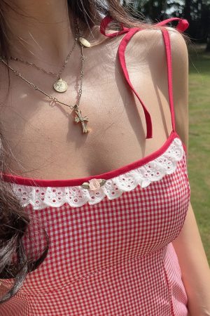 French-Style Plaid Lace-Trimmed Square-Neck Camisole Dress - 2025 Spring/Summer Vacation Short Skirt, Perfect for Y2K & 90s Looks