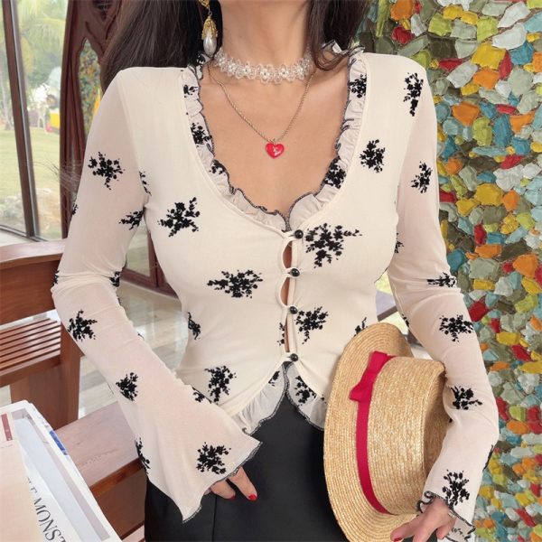 French Style Sheer Black V-Neck Vacation Shirt Top with Mushroom Edge - Women's Waist-Defining 2025 Spring Fashion