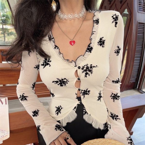 French Style Sheer Black V-Neck Vacation Shirt Top with Mushroom Edge - Women's Waist-Defining 2025 Spring Fashion