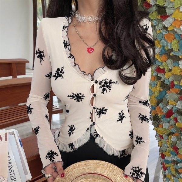 French Style Sheer Black V-Neck Vacation Shirt Top with Mushroom Edge - Women's Waist-Defining 2025 Spring Fashion
