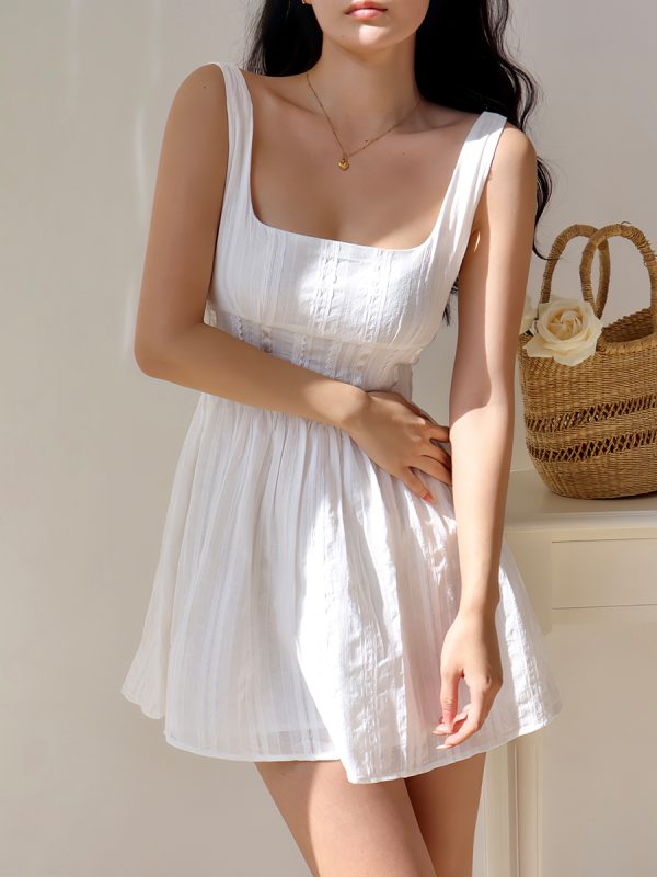French Style Square Neck Wide Strap Lace Trim Little White Dress - Slimming Slip Dress for Vacation and Summer Outings