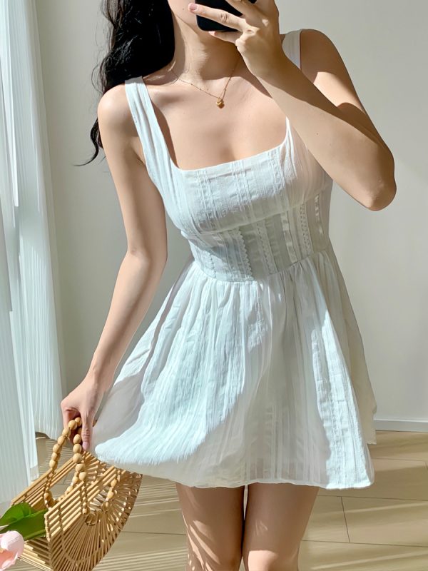 French Style Square Neck Wide Strap Lace Trim Little White Dress - Slimming Slip Dress for Vacation and Summer Outings