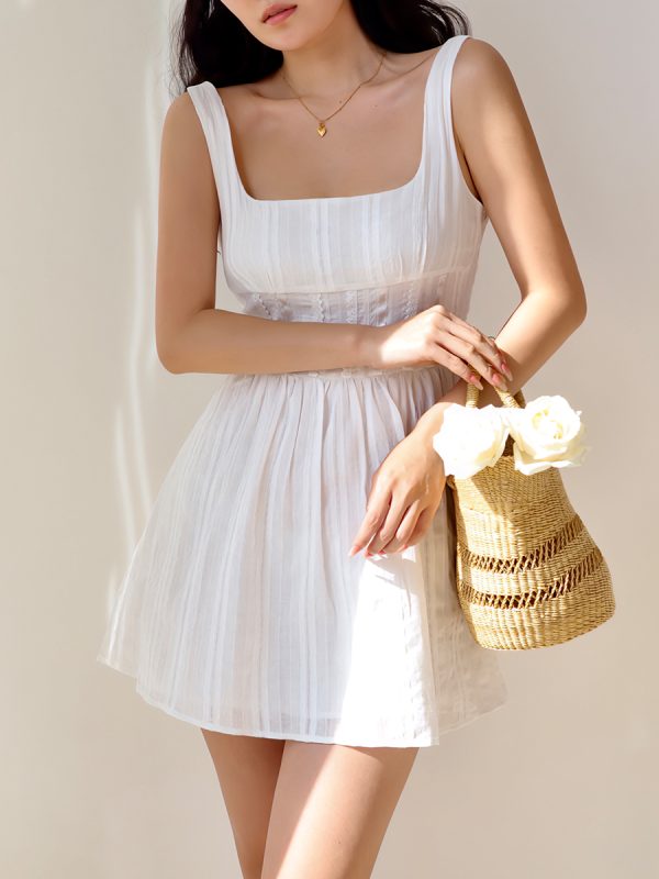French Style Square Neck Wide Strap Lace Trim Little White Dress - Slimming Slip Dress for Vacation and Summer Outings