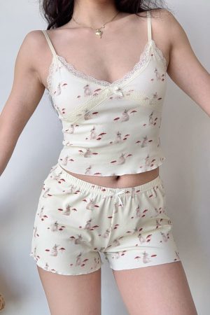 French Sweet Bunny Print Cami Pajama Cardigan and Shorts Loungewear Set for Women â€“ Cute and Comfy Sleepwear Outfit