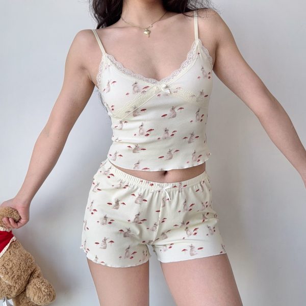 French Sweet Bunny Print Cami Pajama Cardigan and Shorts Loungewear Set for Women â€“ Cute and Comfy Sleepwear Outfit