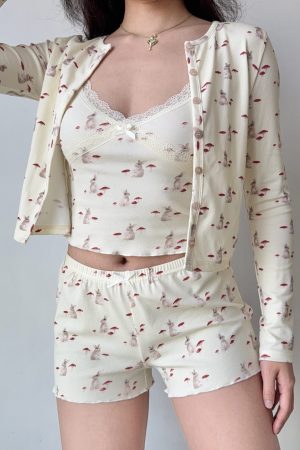 French Sweet Bunny Print Cami Pajama Cardigan and Shorts Loungewear Set for Women â€“ Cute and Comfy Sleepwear Outfit
