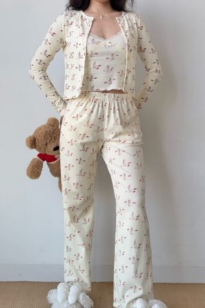 French Sweet Bunny Print Cami Pajama Cardigan and Shorts Loungewear Set for Women â€“ Cute and Comfy Sleepwear Outfit