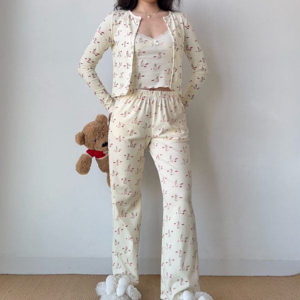 French Sweet Bunny Print Cami Pajama Cardigan and Shorts Loungewear Set for Women â€“ Cute and Comfy Sleepwear Outfit