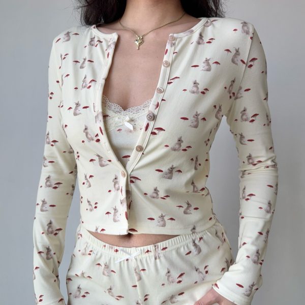 French Sweet Bunny Print Cami Pajama Cardigan and Shorts Loungewear Set for Women â€“ Cute and Comfy Sleepwear Outfit
