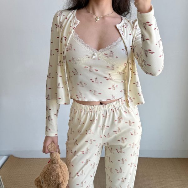 French Sweet Bunny Print Cami Pajama Cardigan and Shorts Loungewear Set for Women â€“ Cute and Comfy Sleepwear Outfit