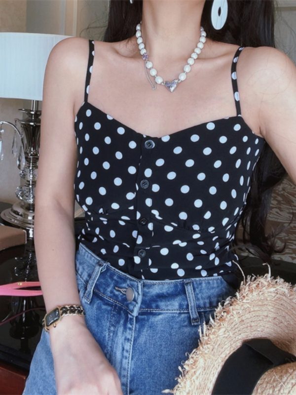 French Vintage Black Polka Dot Thin Strap Camisole Top for Women - 2025 Spring/Summer Vacation Style, Y2K Fashion