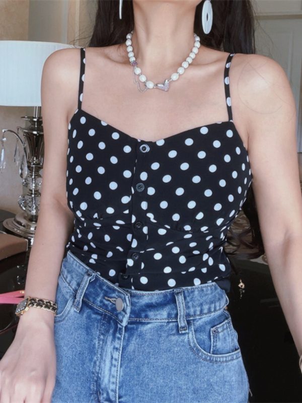 French Vintage Black Polka Dot Thin Strap Camisole Top for Women - 2025 Spring/Summer Vacation Style, Y2K Fashion