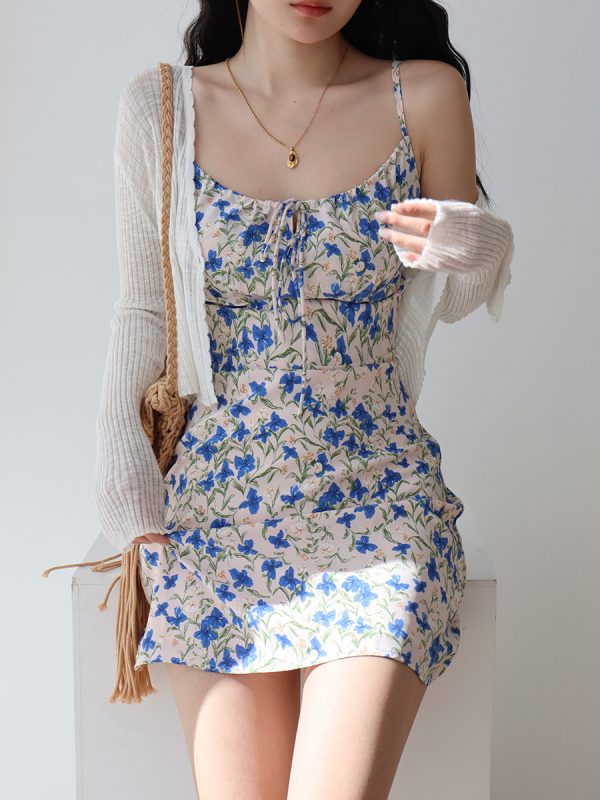 French Vintage Blue Floral Tie Strap Bodycon Mini Dress for Women - Slim Fit 90s Inspired Fashion