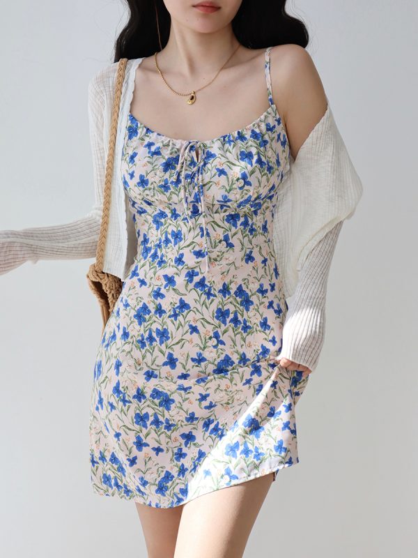 French Vintage Blue Floral Tie Strap Bodycon Mini Dress for Women - Slim Fit 90s Inspired Fashion