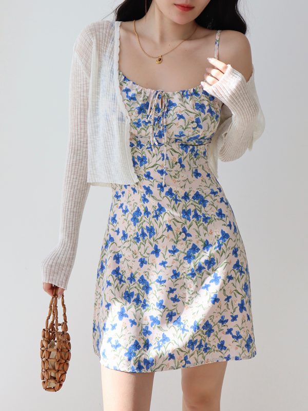 French Vintage Blue Floral Tie Strap Bodycon Mini Dress for Women - Slim Fit 90s Inspired Fashion