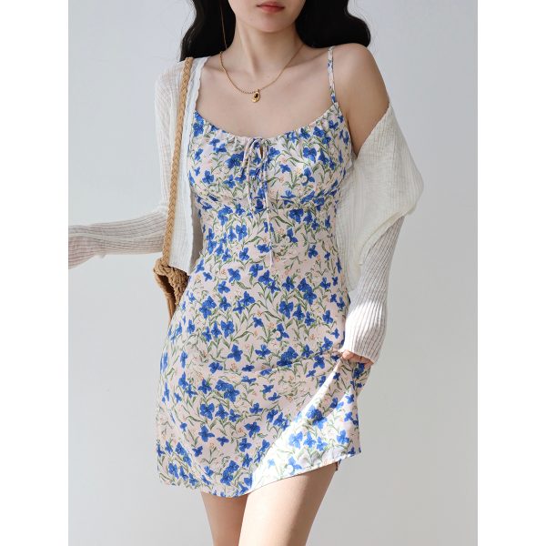 French Vintage Blue Floral Tie Strap Bodycon Mini Dress for Women - Slim Fit 90s Inspired Fashion
