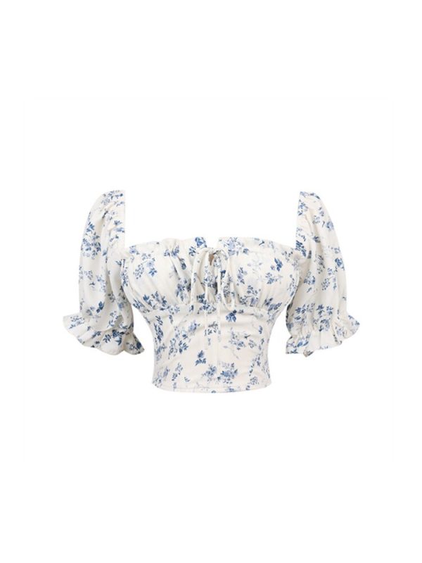French Vintage Drawstring Tie Square Neck Puff Sleeve Waist-Exposing Short Sleeve Top for Vacation - Spring/Summer 2025 Fashion