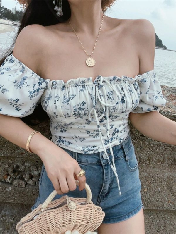 French Vintage Drawstring Tie Square Neck Puff Sleeve Waist-Exposing Short Sleeve Top for Vacation - Spring/Summer 2025 Fashion