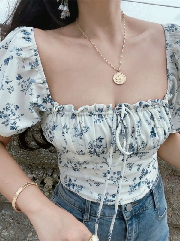 French Vintage Drawstring Tie Square Neck Puff Sleeve Waist-Exposing Short Sleeve Top for Vacation - Spring/Summer 2025 Fashion