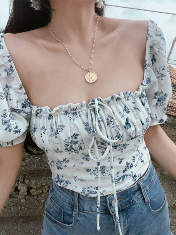 French Vintage Drawstring Tie Square Neck Puff Sleeve Waist-Exposing Short Sleeve Top for Vacation - Spring/Summer 2025 Fashion