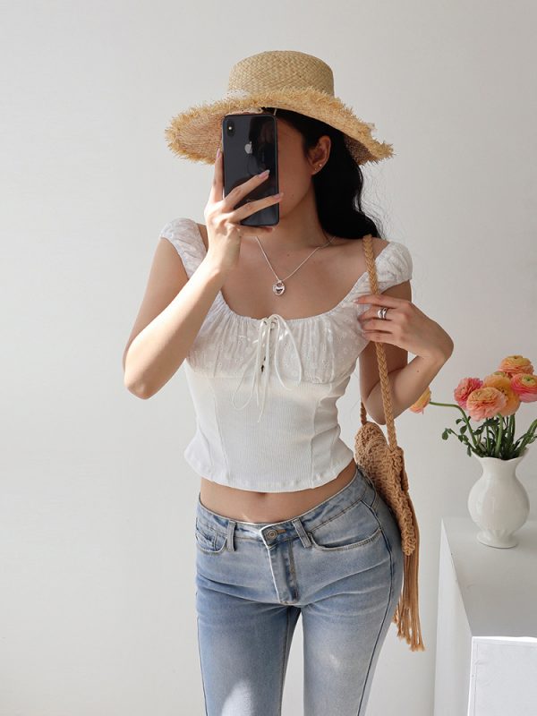French Vintage Embroidered Hollow Out Tie Waist Slimming Camisole Top for Women - Perfect for Vacation and Y2K Style