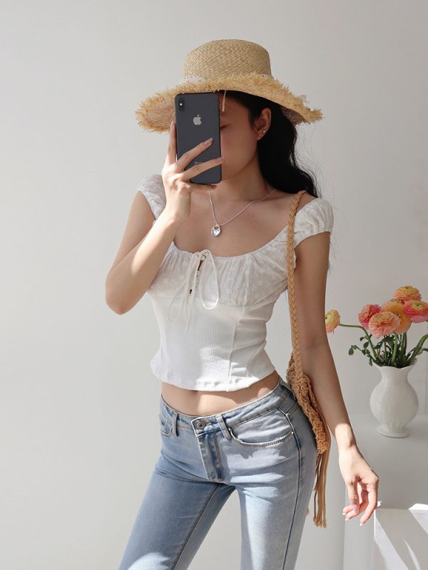 French Vintage Embroidered Hollow Out Tie Waist Slimming Camisole Top for Women - Perfect for Vacation and Y2K Style