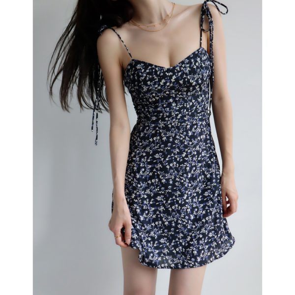 French Vintage Floral Dress for Women - Dark Blue V-Neck, Slim-Fit, Waist-Cinching Wrap, Spaghetti Straps, Short Y2K Style