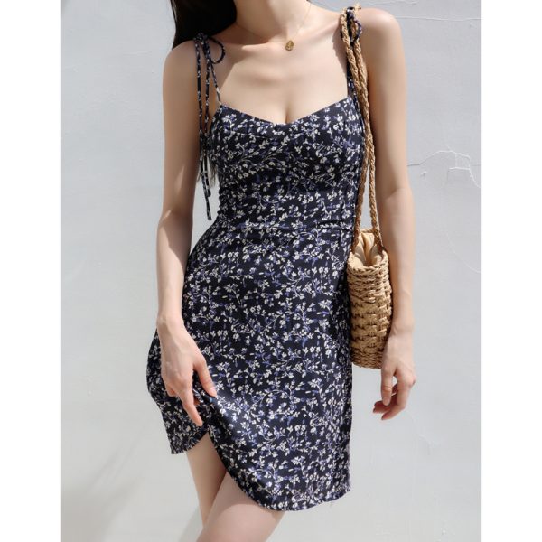 French Vintage Floral Dress for Women - Dark Blue V-Neck, Slim-Fit, Waist-Cinching Wrap, Spaghetti Straps, Short Y2K Style